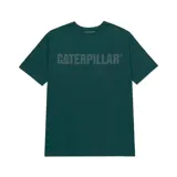 Remera gris jaspeado de manga corta con cuello redondo y logo de Caterpillar estampado en el pecho.