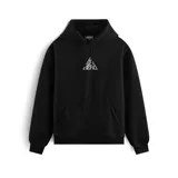 Canguro negro con capucha, puños y cintura acanalados. Estampado frontal con diseño triangular y texto en blanco.