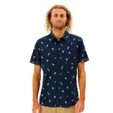Camisa de manga corta azul marino con estampado de palmeras blancas, cuello clásico, cierre con botones y bolsillo en el pecho.
