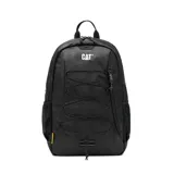 Mochila azul con logo de Caterpillar en blanco, con bolsillo frontal con cordones elásticos cruzados, bolsillos laterales de malla y elementos reflectantes.