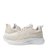 Championes blancos con detalles en lila y celeste, con cordones y suela blanca.