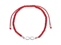 Pulsera roja con cuentas de cristal facetado y dije de plata 925 con el símbolo de infinito.