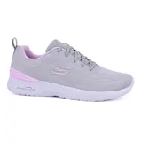 Championes deportivos Skechers Skech-Air Dynamight, color gris con detalles en lila. Capellada de malla de ingeniería de dos tonos, cordones, plantilla Skechers Memory Foam y entresuela con amortiguación de aire Skech-Air.