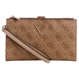 Billetera Guess Laurel marrón con estampado del logo de la marca en todo el diseño. Cuenta con cierre de cremallera, múltiples compartimentos para tarjetas, billetes y monedas, y una correa de muñeca extraíble.
