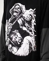 Remera negra con mangas largas grises y estampado de la muerte en moto en la espalda.