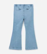 Pantalón de jeans con elastano, tiro alto, corte flare, bolsillos delanteros y traseros con bordado.