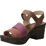Sandalias de cuero con plataforma y taco de 6 cm. Tiras de cuero color marrón, naranja y amarillo.