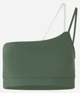 Top deportivo verde militar de microfibra acanalada, con un solo bretel fino color crema.