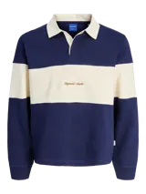 Buzo de manga larga con cuello tipo polo y fit relajado, en bloques de color azul marino y beige. Confeccionado en tejido de punto sin frisa, con interior de bucles, puños acanalados y logo bordado en el pecho.