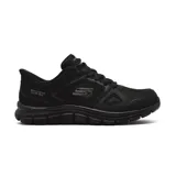 Zapatilla deportiva negra, modelo Track - Ezral, con parte superior de malla transpirable y capas sintéticas. Presenta tecnología Skechers Hands Free Slip-ins con almohada de talón para un calce fácil, plantilla de espuma viscoelástica refrigerada por aire y suela flexible que absorbe impactos.