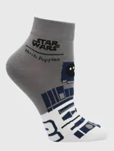 Calcetines cortos de punto, color gris melange, con diseño del droide R2-D2 de Star Wars en la parte inferior y logos de Star Wars y Hush Puppies estampados en el tobillo.