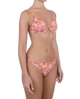 Calzón de bikini con estampado floral en tonos naranja, rosa y blanco.