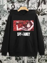 Canguro negro con capucha y bolsillo delantero, con estampado de Yor Forger del anime Spy x Family.