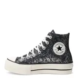 Championes Converse Chuck Taylor All Star Lift Platform de caña alta, color negro con glitter plateado, suela de plataforma blanca y cordones blancos.