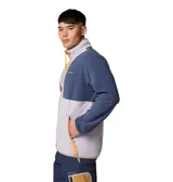 Chaqueta de forro polar Columbia Backbowl II Light FZ, color azul, blanco y beige, con cierre frontal, cuello alto, bolsillos laterales con cremallera y logo bordado en el pecho.