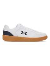 Championes urbanos Under Armour UA Official, color blanco con logo en azul y suela color caramelo.