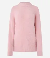 Suéter marrón de punto con cuello redondo y mangas largas ajustadas. Diseño slim alargado con efecto de pelitos.