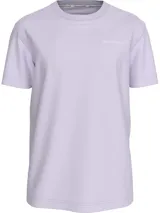 Remera lila de manga corta con cuello redondo y logo estampado en el pecho.