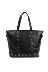 Bolso tipo shopper negro de cuero sintético con doble asa de hombro y correa bandolera desmontable. Presenta ojales metálicos plateados en los laterales y en la base.