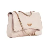 Cartera de tamaño mediano color beige, con correa larga para el hombro y detalles dorados, incluye bolsillos interiores y exteriores.
