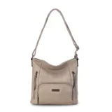 Bandolera color marrón claro de símil cuero, con apertura superior con cierre y bolsillos internos. Presenta tres bolsillos con cierre metálico al frente, bolsillo trasero con cierre y correa larga regulable.