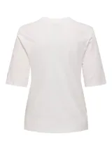 Remera blanca de algodón con cuello redondo y mangas cortas. Estampado frontal de granada con texto en azul.