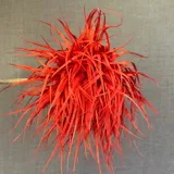 Broche decorativo de tela roja, con forma de pompón o flor, compuesto por tiras finas de material textil que le dan un gran volumen y textura.