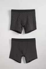 Pack de dos boxers largos de algodón, uno liso color gris oscuro y otro estampado con pequeños motivos geométricos en gris oscuro y blanco.