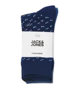 Medias azules con diseño de cruces negras y logo de la marca Jack & Jones en blanco.