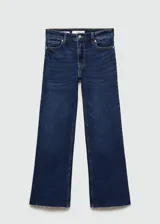 Jeans de tiro alto color azul oscuro, corte flare y largo cropped.