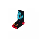 Medias negras largas con talón y puntera rojos. Diseño de la mano Screaming Hand en azul en la parte superior y logo de Santa Cruz en rojo y amarillo en el pie.