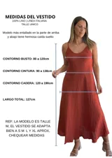 Vestido largo confeccionado en 100% lino de color naranja tierra, con escote en V y tirantes finos. Presenta un diseño fluido y minimalista ideal para la temporada de verano.