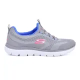 Championes deportivos Skechers Summits New Nature, color gris con detalles en azul y rosa. Capellada de tejido de punto con cordones elásticos, plantilla Skechers Memory Foam y suela flexible con tracción.