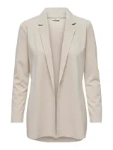 Blazer clásico de mujer en color gris claro, sin cierre frontal, con mangas largas y solapas de traje, ideal para una apariencia elegante.