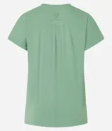 Remera deportiva verde agua de microfibra, con cuello redondo, mangas cortas, canesú en los hombros y abertura en la espalda.