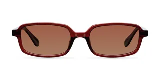 Lentes de sol rectangulares color marrón con montura fina y logo dorado de Meller en las patillas. Protección UV400 y lentes polarizadas con recubrimiento antirayaduras.