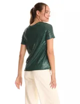Blusa de lentejuelas color verde oscuro, marca Ninety, con escote a la base, manga corta y forro interno a tono.