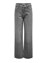 Pantalón de jean gris lavado de pierna ancha con rayas verticales blancas y tiro alto con cierre de botones.