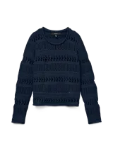 Sweater azul marino de punto calado con cuello redondo y mangas largas.