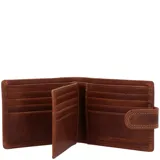 Billetera de cuero marrón con costuras a la vista, múltiples ranuras para tarjetas, ventana para identificación y tecnología RFID para protección contra el robo de datos.