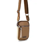 Phonebag color mostaza con bolsillo frontal con cierre, espacio para celular y billetera con repartición. Tiene una correa gruesa de galón regulable y desmontable. Detalles en marrón y beige.