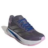 Championes de running Adidas Duramo SL 2, color gris oscuro/morado con detalles en azul eléctrico, plateado y rosa pálido. Presentan una malla transpirable en el upper y una suela gruesa con tecnología Lightmotion.