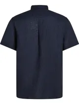 Camisa de manga corta Tommy Hilfiger confeccionada en lino color azul marino, con cuello abotonado y logo bordado en el pecho. Corte regular.