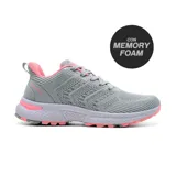 Championes deportivos Hi-Tec Aisha, color gris con detalles en rosa y suela blanca.