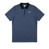 Remera tipo polo azul con rayas horizontales finas color crema, cuello negro, cierre parcial con cremallera y logo Rivvia Projects estampado en el pecho.