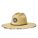 Sombrero de paja Rip Curl con ala ancha y cinta negra alrededor de la base de la copa. Tiene un parche con el logo de la marca en el frente y un estampado con motivos florales en el borde del ala.