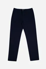 Pantalón azul marino de lino y algodón, con pasacinto, logo bordado y corte regular.