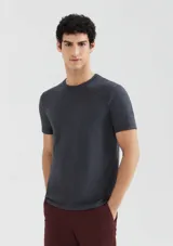 Remera básica de manga corta color gris claro, con cuello redondo.