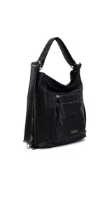 Cartera negra con opción de uso como mochila, con diseño práctico, bolsillo al frente y atrás para fácil acceso. División interna en el medio para organizar tus pertenencias, ideal para uso diario, compacta y funcional.