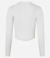 Blusa de rib color blanco, con cuello redondo, mangas largas y bajo redondeado.